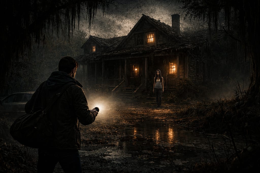 Resident Evil timeline prikaz Baker incidenta kroz izolovanu kuću u Louisiani, mračna atmosfera i početak horora u Resident Evil timeline narativu