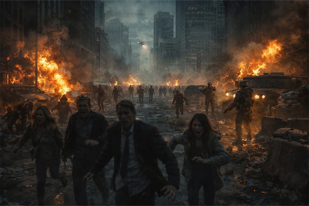 Resident Evil timeline prikazuje bioteroristički napad u gradu, civili beže dok se zaraženi šire ulicama, vojska pokušava da zaustavi haos i eksplozije u svetu posle Umbrelle