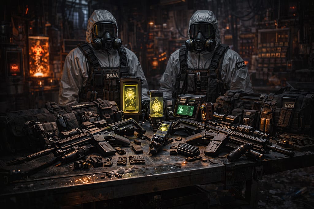 Resident Evil timeline prikaz BSAA anti B.O.W. taktičke opreme sa specijalnim puškama, hazmat odelima i virus skenerima u biohazard laboratoriji