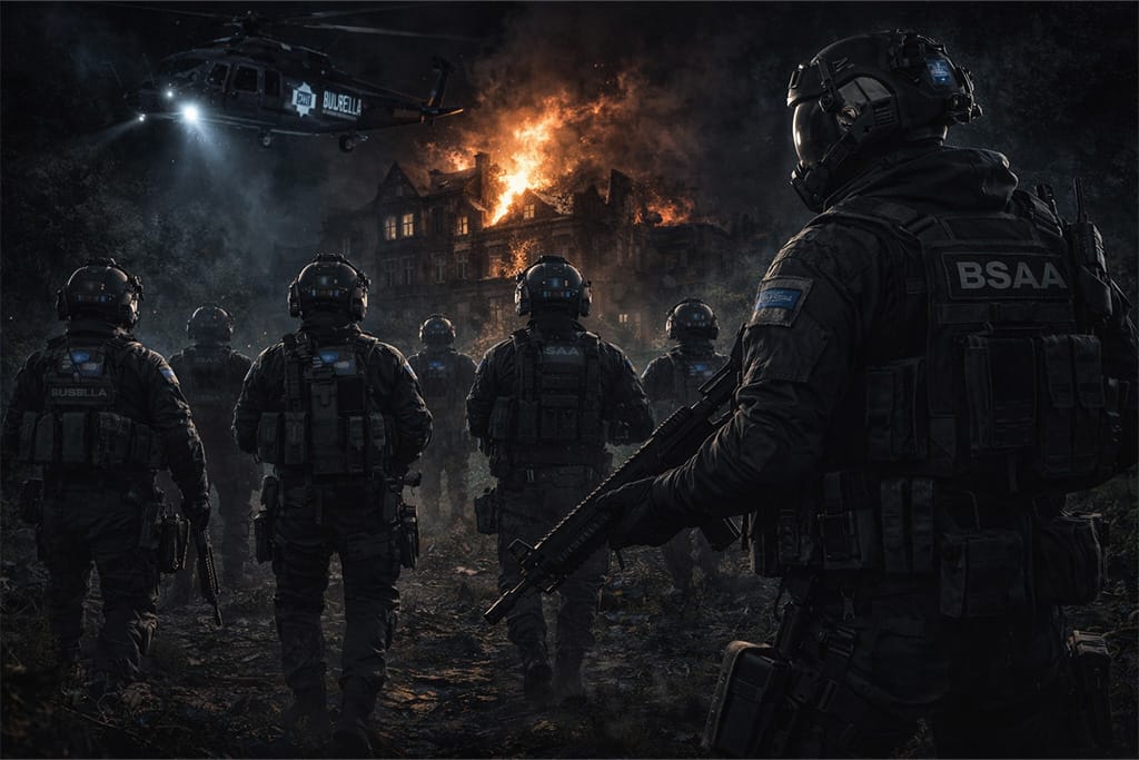 BSAA i Blue Umbrella vojnici u naprednim taktičkim odelima tokom Baker incidenta, Resident Evil timeline intervencija, Resident Evil timeline specijalne jedinice u akciji