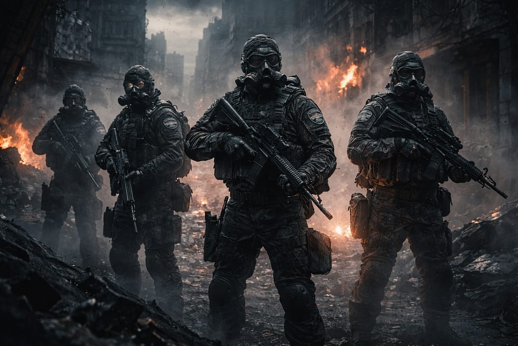 Elitni BSAA anti B.O.W operativci u taktičkim biohazard odelima i gas maskama patroliraju uništenim gradom nakon biohazard incidenta tokom Resident Evil timeline BSAA formiranje događaja