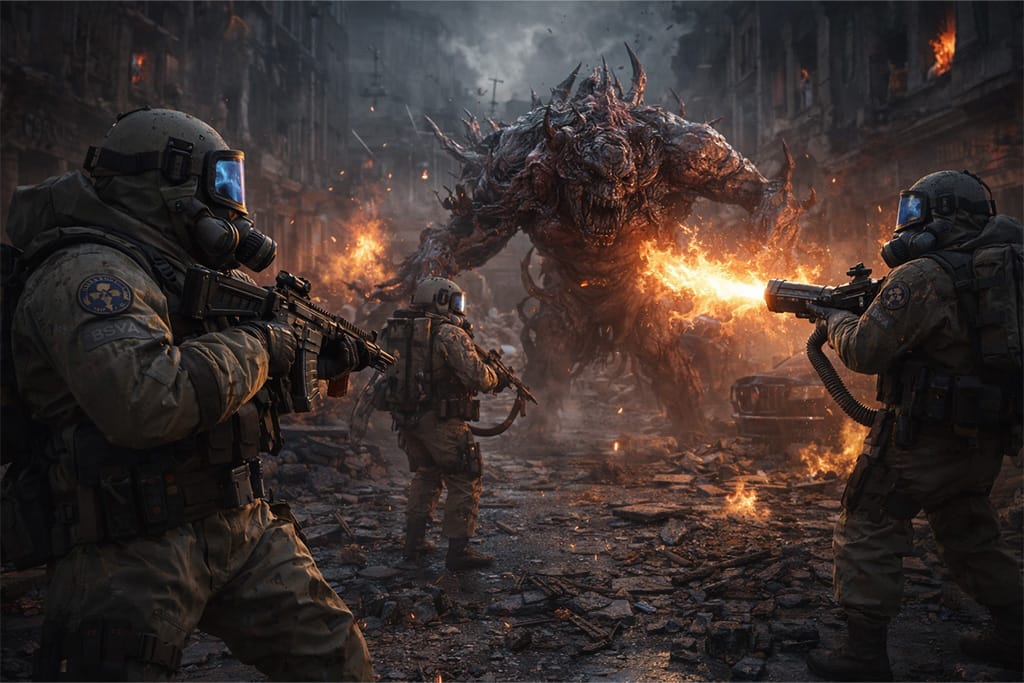 litna BSAA anti B.O.W taktička jedinica bori se protiv mutiranog stvorenja na razrušenoj gradskoj ulici tokom Resident Evil timeline BSAA formiranje perioda i početka globalne borbe protiv bioterorizma. BSAA operativci bore se protiv mutiranog B.O.W stvorenja nakon incidenata u Raccoon Cityju i Arklay Mountains tokom Resident Evil timeline BSAA formiranje.