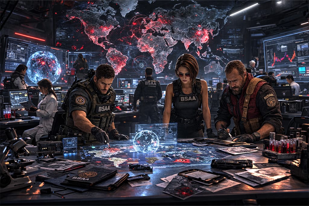 SAA globalni komandni centar sa holografskom mapom sveta koja prikazuje biohazard žarišta dok operativci i naučnici analiziraju podatke tokom Resident Evil timeline BSAA formiranje događaja. BSAA komandni centar prati biohazard incidente od Arklay Mountains i Raccoon City katastrofe do globalnih žarišta tokom Resident Evil timeline BSAA formiranje.