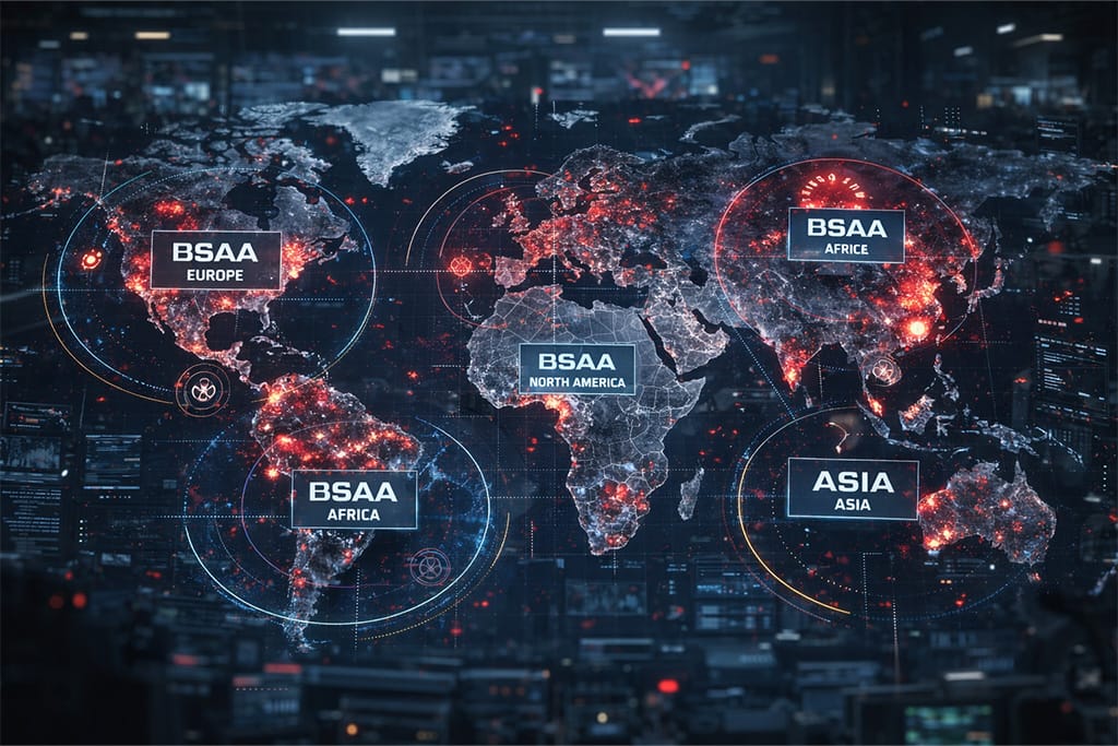 Holografska mapa BSAA operativnih sektora prikazuje Evropu, Severnu Ameriku, Afriku i Aziju sa označenim biohazard incidentima tokom Resident Evil timeline BSAA formiranje perioda. BSAA operativna mapa koja prati biohazard incidente od Arklay Mountains i Raccoon City katastrofe do globalnih žarišta tokom Resident Evil timeline BSAA formiranje.