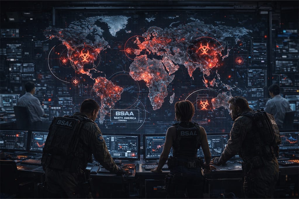 BSAA globalni komandni centar sa holografskom mapom sveta i označenim biohazard žarištima dok operativci i naučnici analiziraju podatke tokom Resident Evil timeline BSAA formiranje perioda. BSAA komandni centar prati biohazard incidente od Arklay Mountains i Raccoon City katastrofe do globalnih žarišta tokom Resident Evil timeline BSAA formiranje.