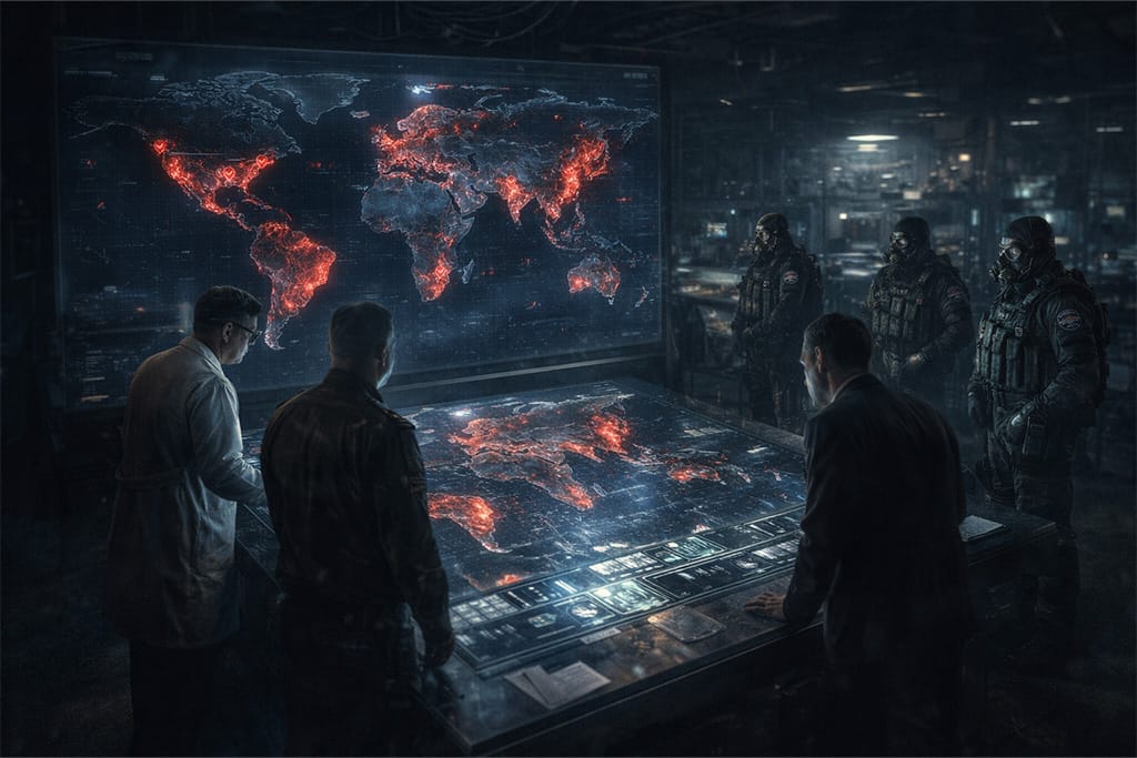 Tajni međunarodni komandni centar gde vojni oficiri i naučnici analiziraju globalna biohazard žarišta na digitalnoj mapi tokom Resident Evil timeline BSAA formiranje događaja i početka koordinisane borbe protiv bioterorizma