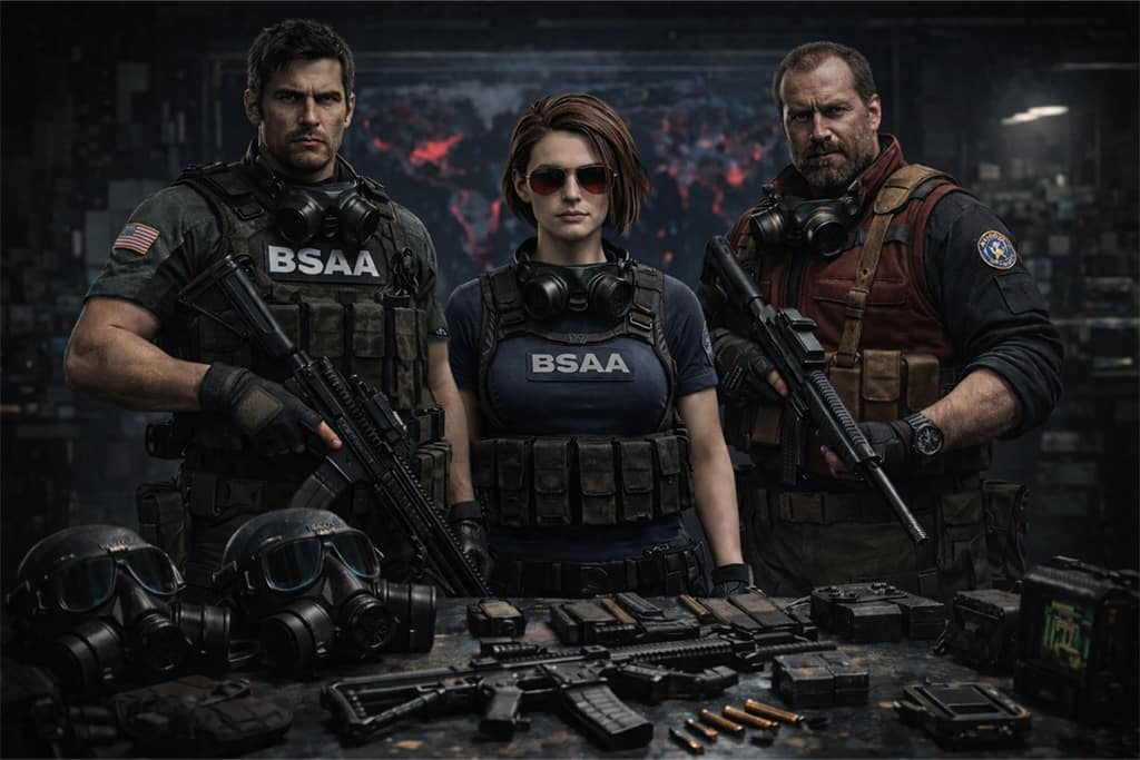 Chris Redfield, Jill Valentine i Barry Burton kao prvi BSAA operativci stoje u taktičkoj opremi pored anti biohazard opreme tokom Resident Evil timeline BSAA formiranje perioda i početka globalne borbe protiv bioterorizma