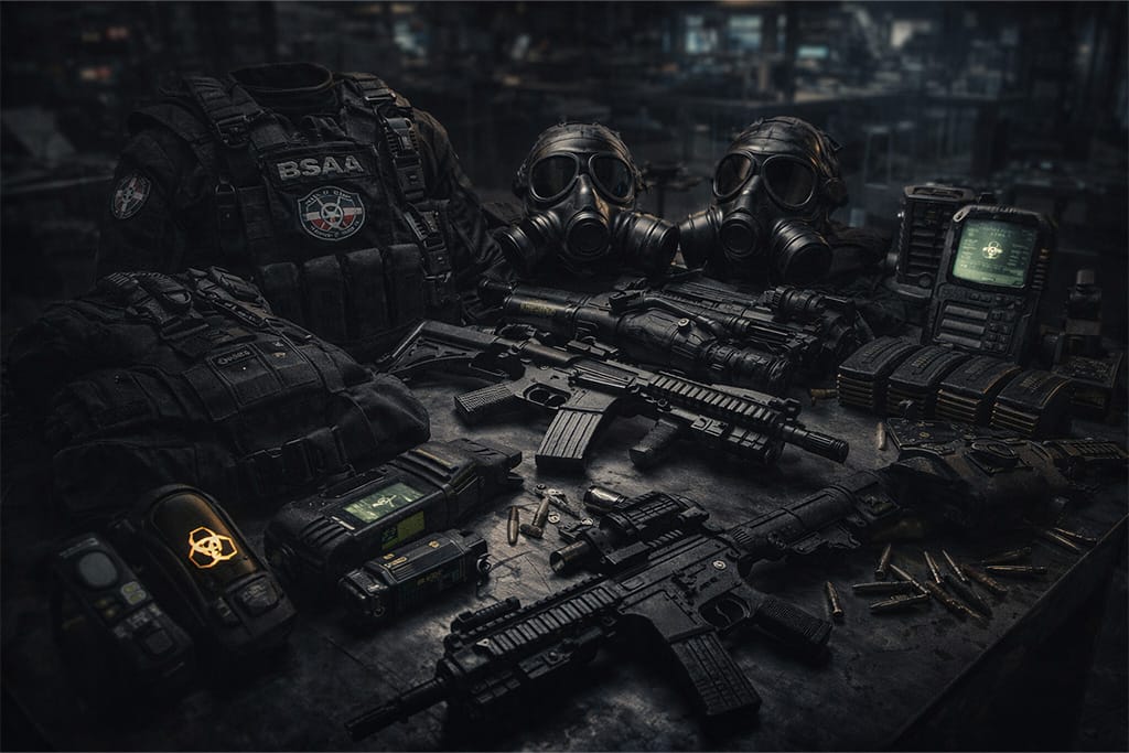 BSAA anti biohazard taktička oprema na metalnom stolu uključujući gas maske, biohazard odela, skenere i oružje za borbu protiv B.O.W pretnji tokom perioda Resident Evil timeline BSAA formiranje. BSAA anti biohazard oprema razvijena nakon incidenata u Raccoon Cityju i Arklay Mountains tokom Resident Evil timeline BSAA formiranje perioda.