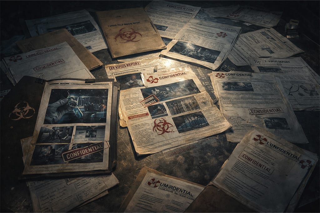 Poverljivi Umbrella Corporation istraživački dokumenti sa T-virus fajlovima i biohazard oznakama na laboratorijskom stolu – ključni dokazi koji su doveli do događaja Resident Evil timeline BSAA formiranje i globalne borbe protiv bioterorizma