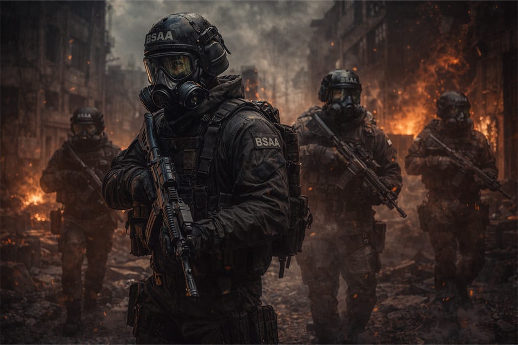 Resident Evil timeline scena u kojoj BSAA specijalne jedinice u biohazard opremi ulaze u zaraženu zonu tokom borbe protiv bioterorizma