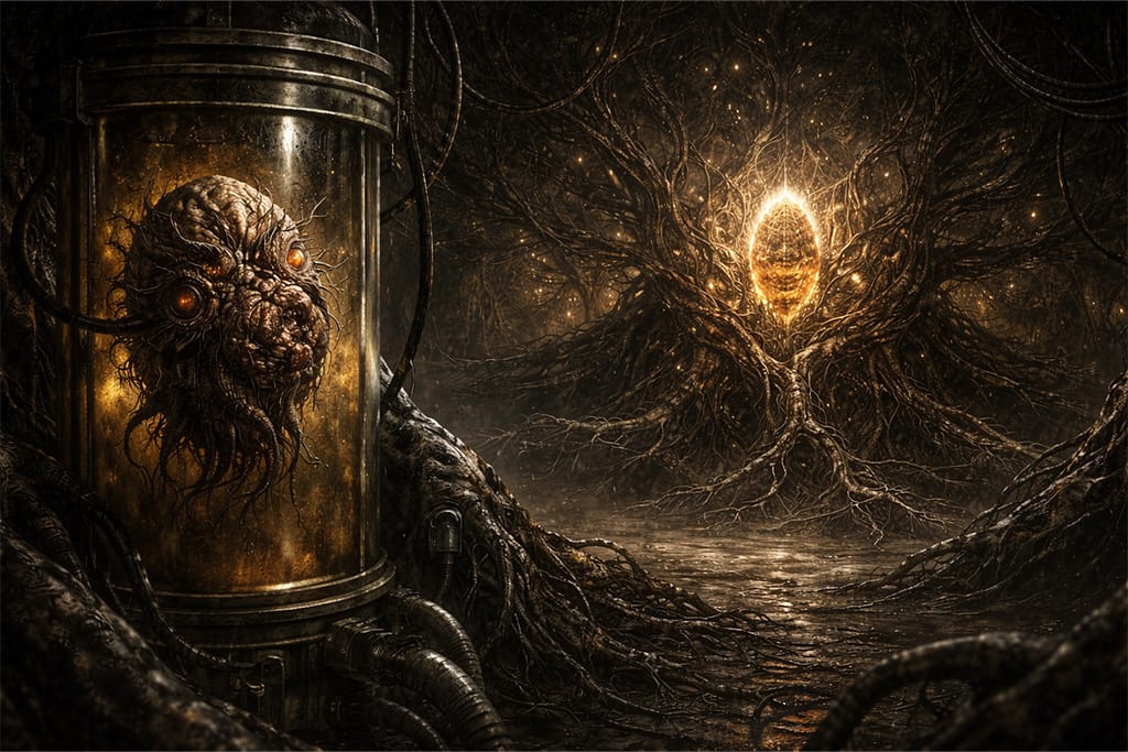 Resident Evil timeline Cadou parazit i Megamycete u laboratoriji kao izvor mutacija, Resident Evil timeline prikaz porekla bio-oružja