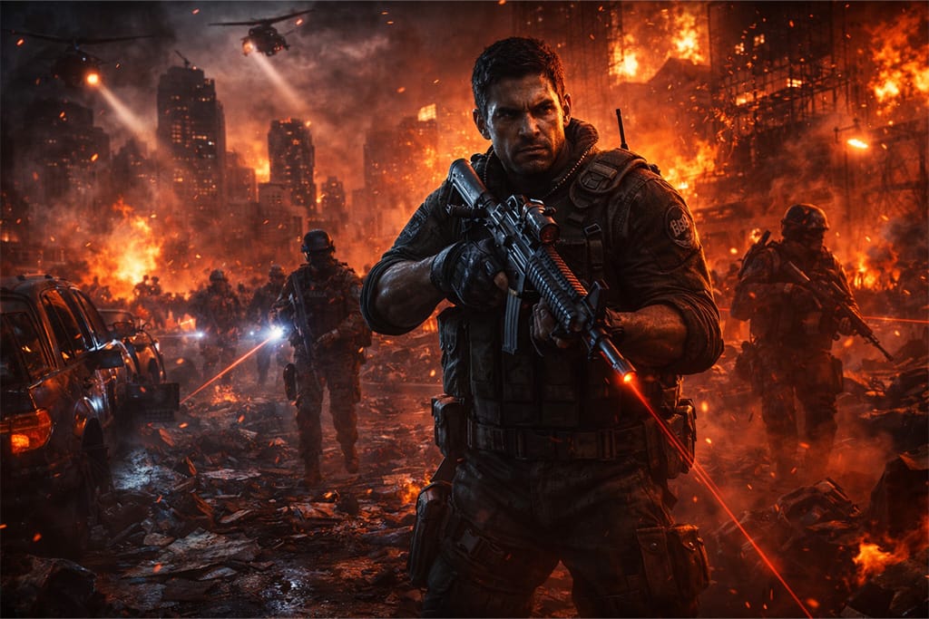 Resident Evil timeline RE6 pandemija prikazuje Chris Redfield u borbi protiv bioterorizma tokom vojne operacije u razorenom gradu, Resident Evil timeline RE6 pandemija vojni odgovor na globalnu krizu