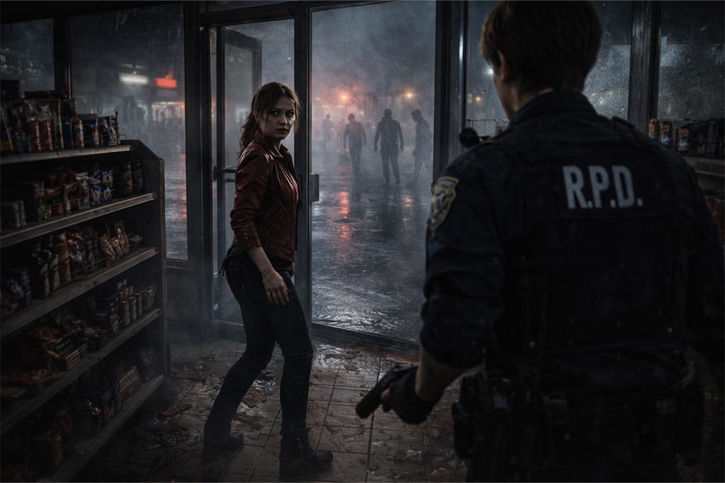 Claire Redfield ulazi u prodavnicu benzinske pumpe tokom prve noći epidemije u Raccoon City-ju