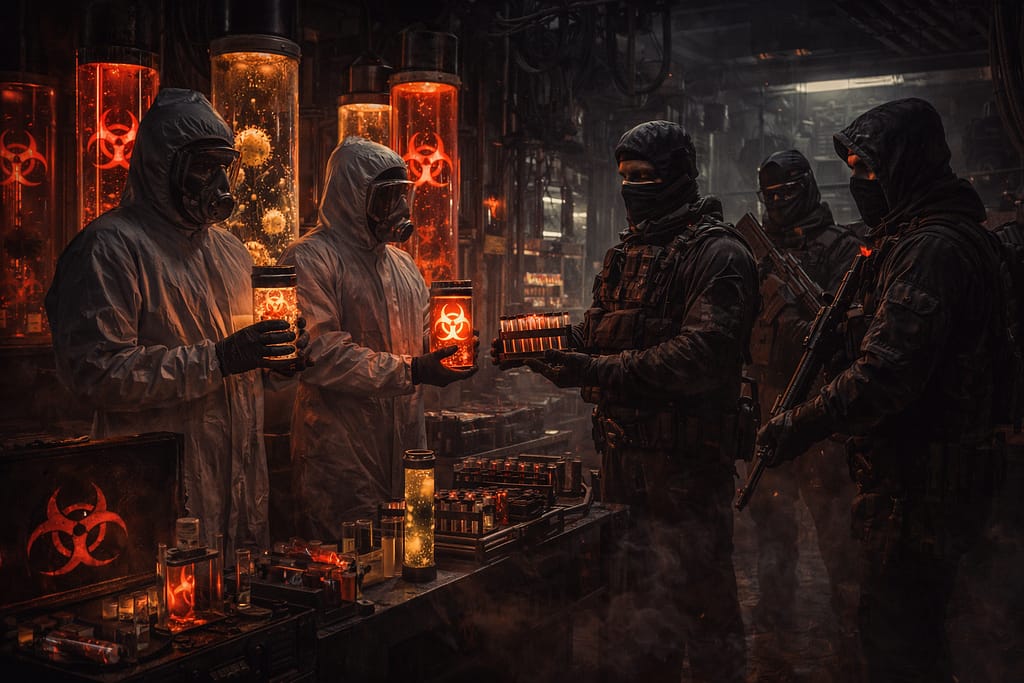 Resident Evil timeline scena tajne laboratorije gde naučnici i trgovci razmenjuju kontejnere sa virusima i bio-oružjem na crnom tržištu