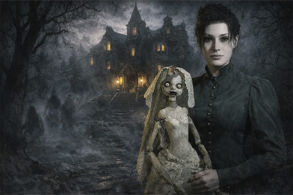 Resident Evil timeline Donna Beneviento i kuća iluzija sa Angie lutkom u mračnoj atmosferi, Resident Evil timeline prikaz psihološkog horora