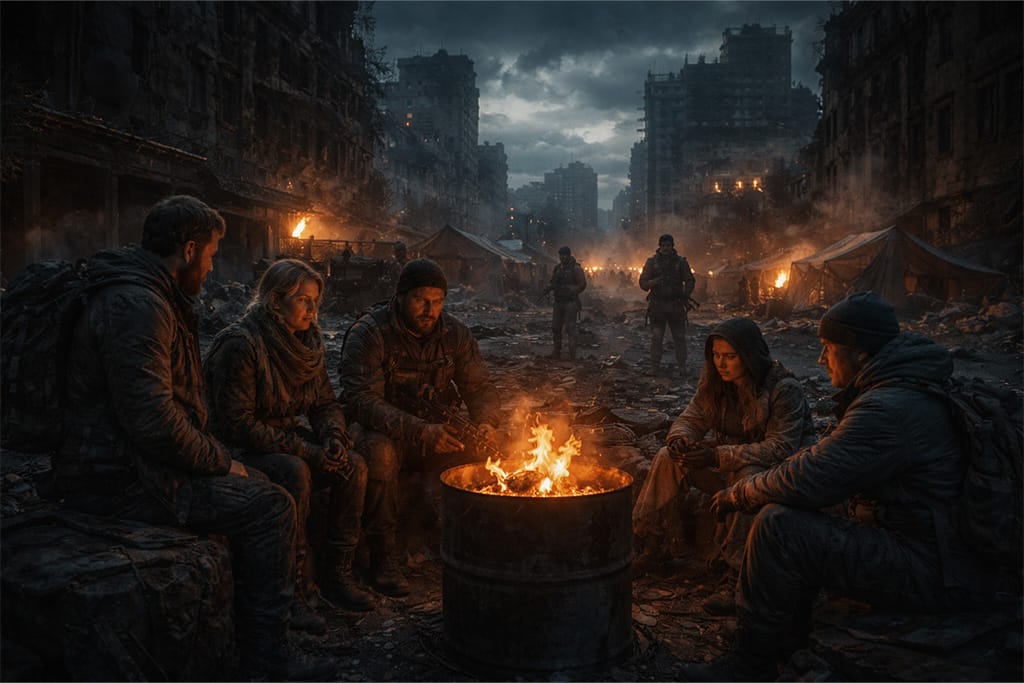 Resident Evil timeline prikazuje preživele u razorenom gradu kako se okupljaju oko vatre, društvo u ruševinama nakon pada Umbrelle, ljudi pokušavaju da prežive u postapokaliptičnom svetu