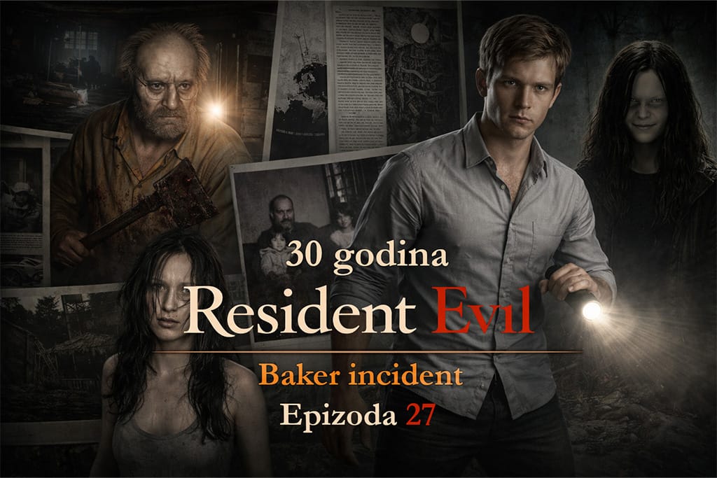 Resident Evil timeline Baker incident prikaz Ethana Wintersa i porodice Baker u mračnoj kući, gde Resident Evil timeline otkriva početak izolovanog horora i ključni događaj serijala