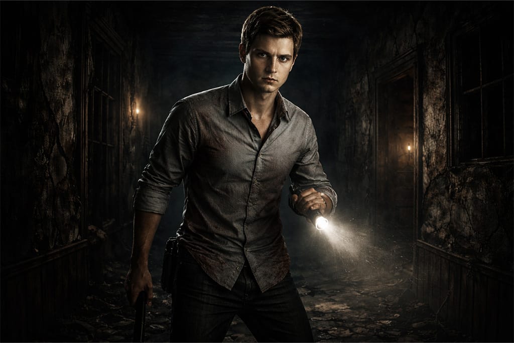 Ethan Winters u mračnoj kući sa baterijskom lampom, horor scena iz Resident Evil timeline univerzuma, Resident Evil timeline atmosfera preživljavanja