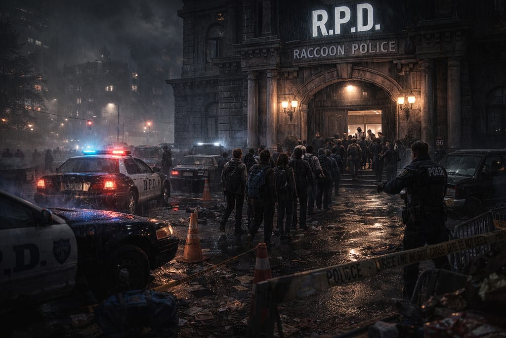 Civili ulaze u Raccoon Police Department dok policija organizuje evakuaciju tokom širenja epidemije u Raccoon City-ju