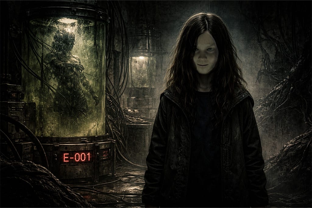 Resident Evil timeline prikaz Eveline i E-tip biološkog oružja u mračnoj laboratoriji, gde Resident Evil timeline prikazuje infiltraciju i kontrolu kroz novu generaciju B.O.W.