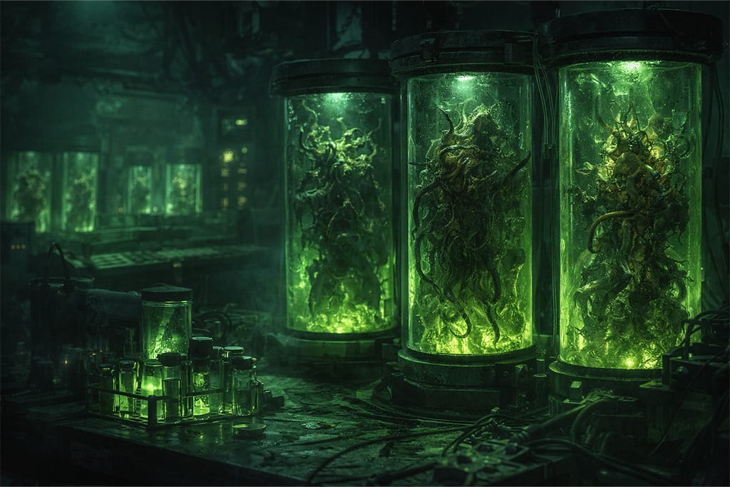 Resident Evil timeline prikazuje evoluciju virusa u laboratoriji, mutacija se formira u staklenim epruvetama uz zeleno svetlo, evolucija biološkog oružja u mračnoj atmosferi