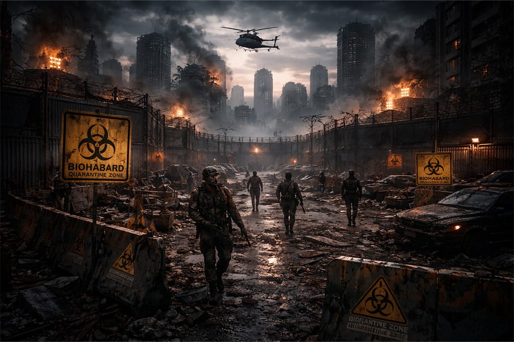 Resident Evil timeline - Globalni incidenti prikaz dystopian grada pod biohazard karantinom, scena koja ilustruje kako su Globalni incidenti promenili Resident Evil svet