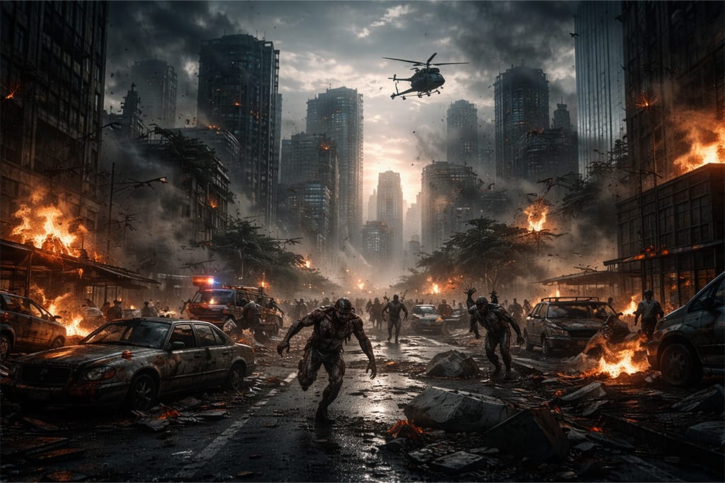 Resident Evil timeline - Globalni incidenti prikaz razorenog modernog grada tokom velikog biohazard napada, scena inspirisana događajima poznatim kao Najpoznatiji globalni incidenti u Resident Evil timeline