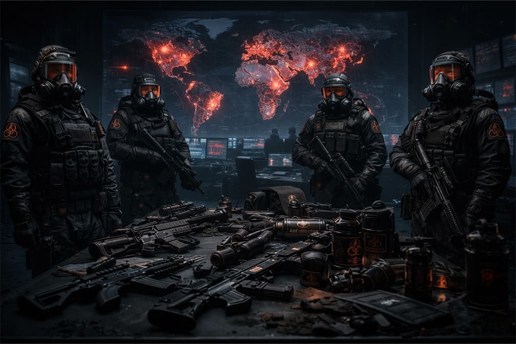 Resident Evil timeline - Globalni incidenti prikaz međunarodne anti biohazard taktičke jedinice koja se priprema za misiju, simbol reakcije međunarodne zajednice na Globalne incidente