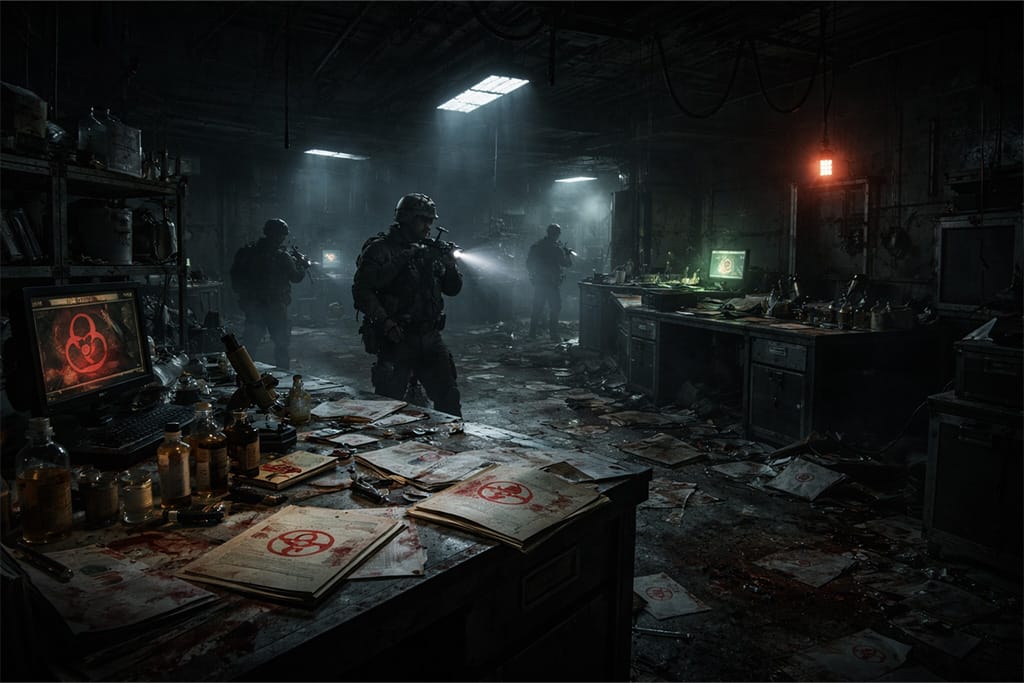 Resident Evil timeline - Globalni incidenti prikaz napuštene Umbrella laboratorije tokom perioda Svet posle Umbrella korporacije, gde vojnici istražuju napušteni istraživački objekat nakon Globalnih incidenata