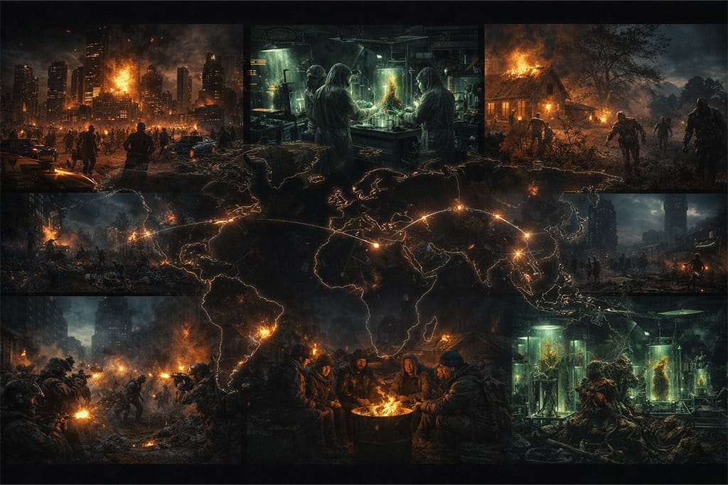 Resident Evil timeline prikazuje globalno širenje infekcije kroz više lokacija, povezani gradovi, laboratorije i ruralna područja u jedinstvenoj priči sveta posle Umbrelle