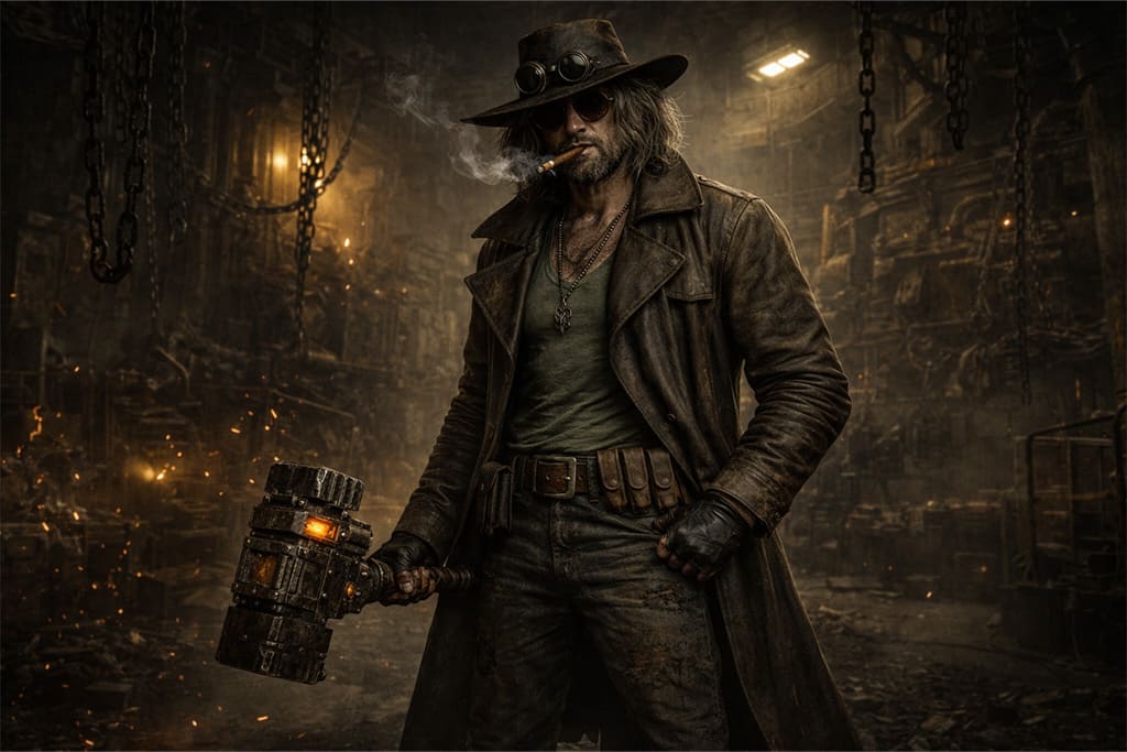 Resident Evil timeline Karl Heisenberg u industrijskoj fabrici sa mehaničkim čekićem, Resident Evil timeline prikaz mutacija i kontrole metala