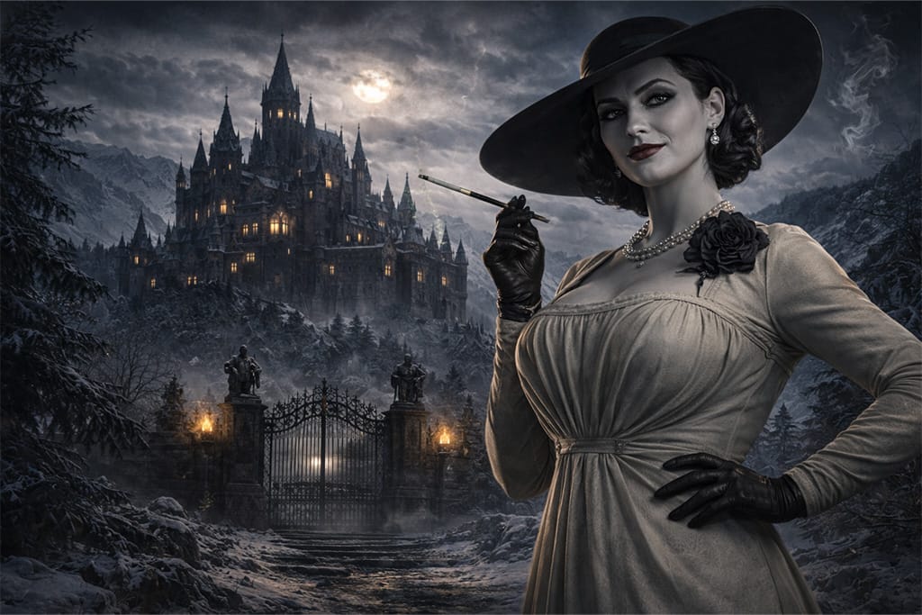 Resident Evil timeline Lady Dimitrescu i zamak Dimitrescu u mračnoj gotičkoj atmosferi, Resident Evil timeline prikaz Castle Dimitrescu i glavnog antagoniste