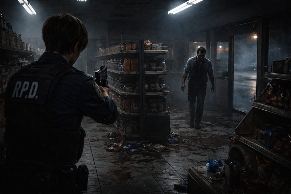 Leon S. Kennedy prvi susret sa zombijem u prodavnici benzinske pumpe blizu Raccoon City-ja tokom početka epidemije