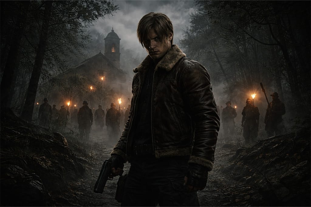 Resident Evil timeline - RE4 i Las Plagas - Leon S. Kennedy u maglovitom španskom selu okružen Ganado seljanima tokom događaja iz Resident Evil 4 u okviru Resident Evil timeline priče