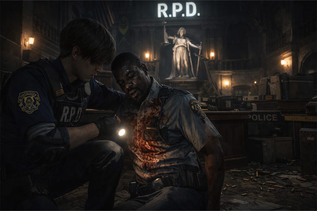 Leon S. Kennedy susreće ranjenog poručnika Marvina Branagha u Raccoon Police Department nakon dolaska u Raccoon City
