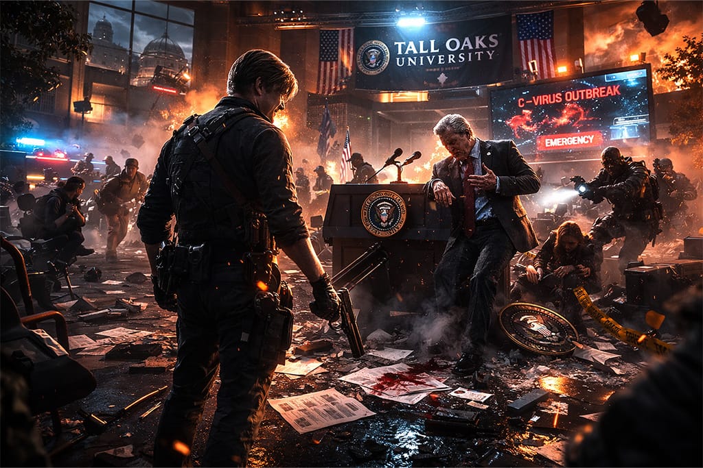 Resident Evil timeline RE6 pandemija prikazuje Leon S Kennedy tokom Tall Oaks krize u trenutku političkog šoka i početka infekcije, Resident Evil timeline RE6 pandemija početak globalne katastrofe