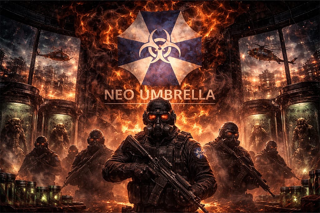 Resident Evil timeline Neo Umbrella organizacija kao simbol prikaz kroz logo, vojnike i bioterorizam u Resident Evil timeline svetu