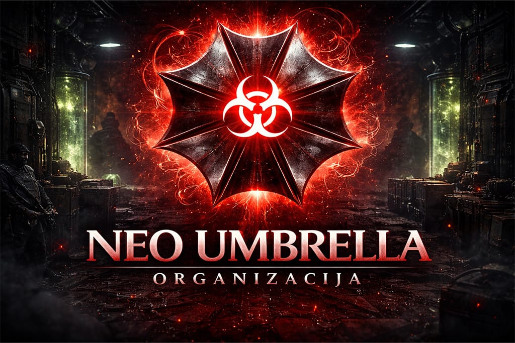 Neo Umbrella organizacija u Resident Evil timeline prikazana kroz simbol i haos bioterorizma sa virusima i uništenim laboratorijama u Resident Evil timeline svetu