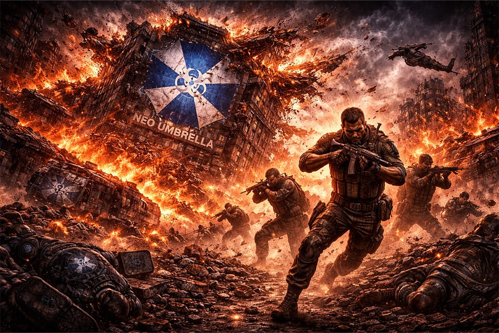 Resident Evil timeline pad Neo Umbrella organizacije prikaz kroz uništenje baze, eksplozije i kraj bioterorističke pretnje u Resident Evil timeline svetu