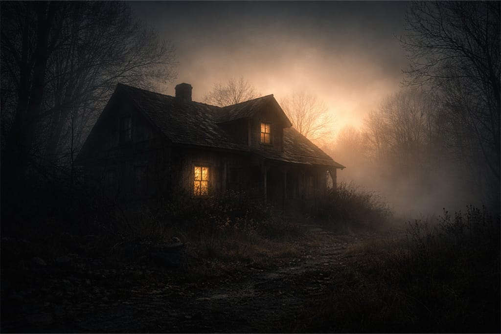 Resident Evil timeline prikaz napuštene kuće u magli pri svitanju, gde Resident Evil timeline simbolizuje prelazak iz horora u novu mirniju fazu