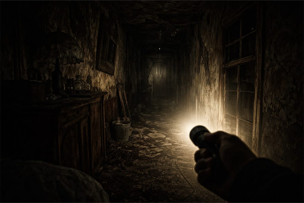 Resident Evil timeline prikaz bioterorizma kroz mračan hodnik napuštene kuće, first person perspektiva sa baterijskom lampom i klaustrofobičnom atmosferom u Resident Evil timeline narativu