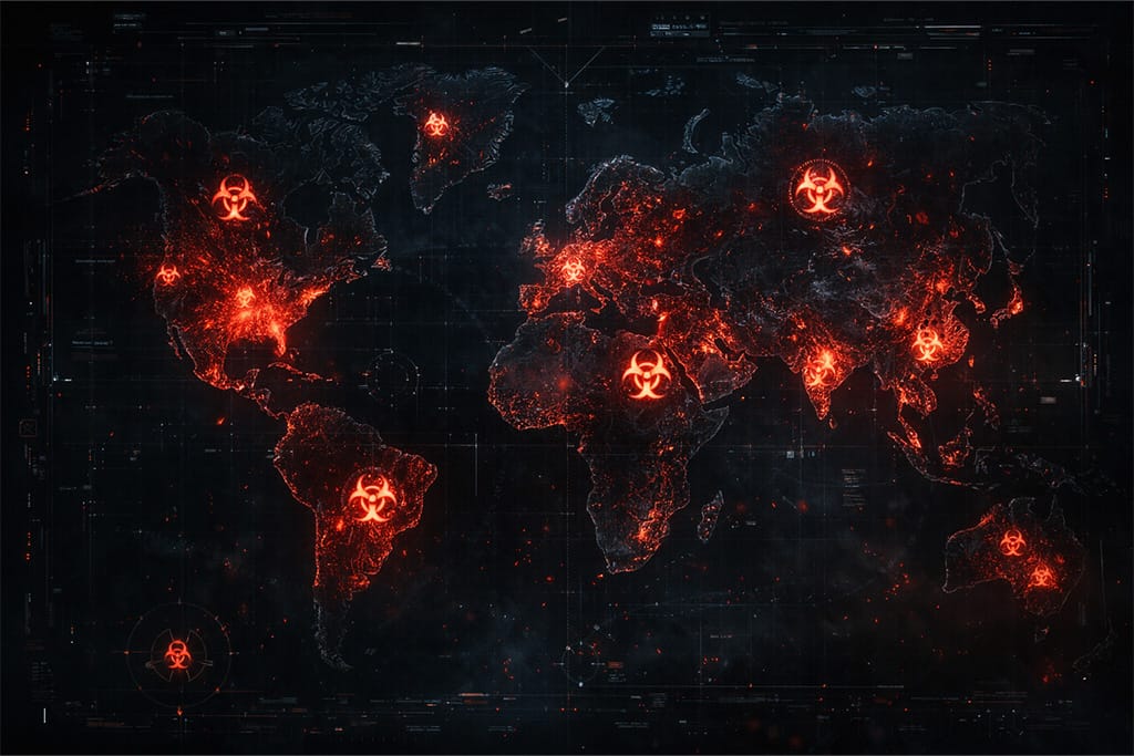 Resident Evil timeline RE4 i Las Plagas - globalna mapa biohazard epidemija sa crvenim zonama kontaminacije koje se šire širom sveta