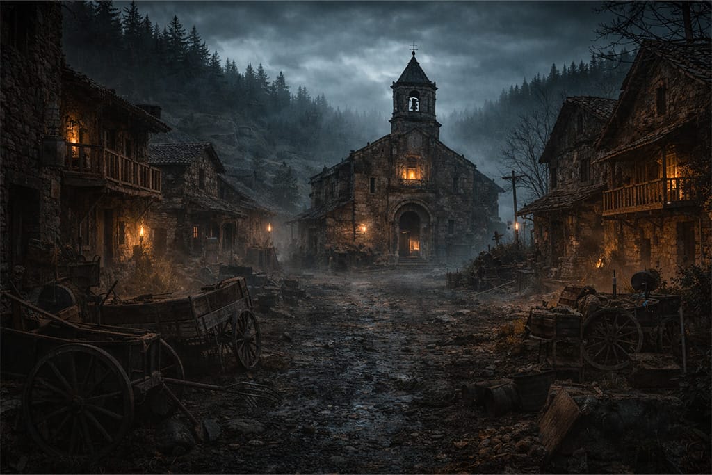 Resident Evil timeline RE4 i Las Plagas - izolovano planinsko selo u severnoj Španiji sa starom crkvom i napuštenim kolima na trgu tokom početka incidenta