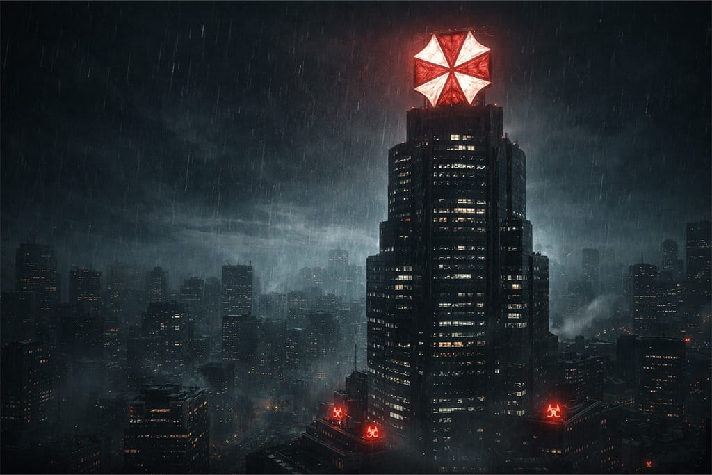 Resident Evil timeline RE4 i Las Plagas - sedište Umbrella Corporation noću sa crvenim Umbrella logom na vrhu korporativnog nebodera tokom mračne ere bioloških eksperimenata