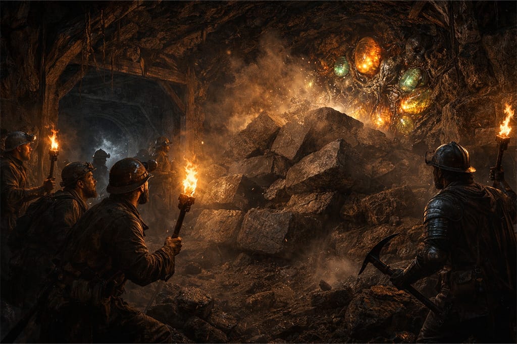 Resident Evil timeline RE4 i Las Plagas - srednjovekovni rudari i vojnici zatvaraju drevni rudnik ispod zamka Salazar dok Las Plagas parasite ostaje zarobljen duboko u stenama severne Španije