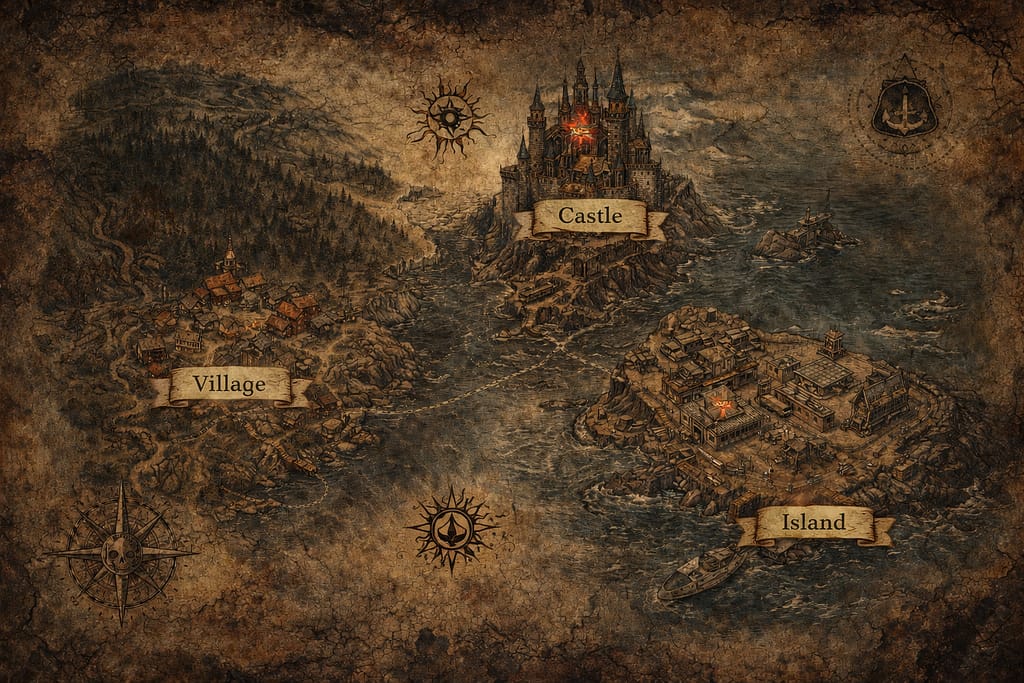 Resident Evil timeline RE4 i Las Plagas mapa koja prikazuje tri ključne lokacije iz Resident Evil 4 - selo, Salazarov zamak i vojnu ostrvsku bazu