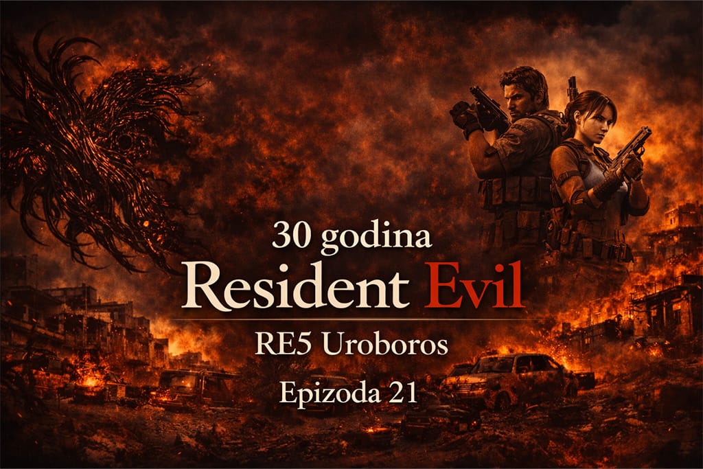 Resident Evil timeline RE5 Uroboros prikazuje svet posle Umbrella korporacije kroz apokaliptični grad u plamenu i globalni biohazard haos, Resident Evil timeline RE5 Uroboros atmosfera uništenja i borbe za opstanak