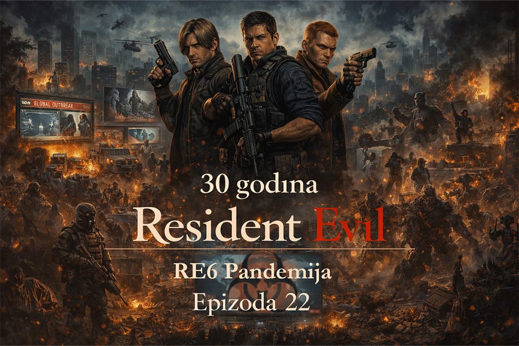 Resident Evil timeline RE6 pandemija prikazuje globalnu transformaciju sveta kroz haos C-virusa, Leon S Kennedy, Chris Redfield i Jake Muller u borbi za opstanak, Resident Evil timeline RE6 pandemija scena totalnog kolapsa društva