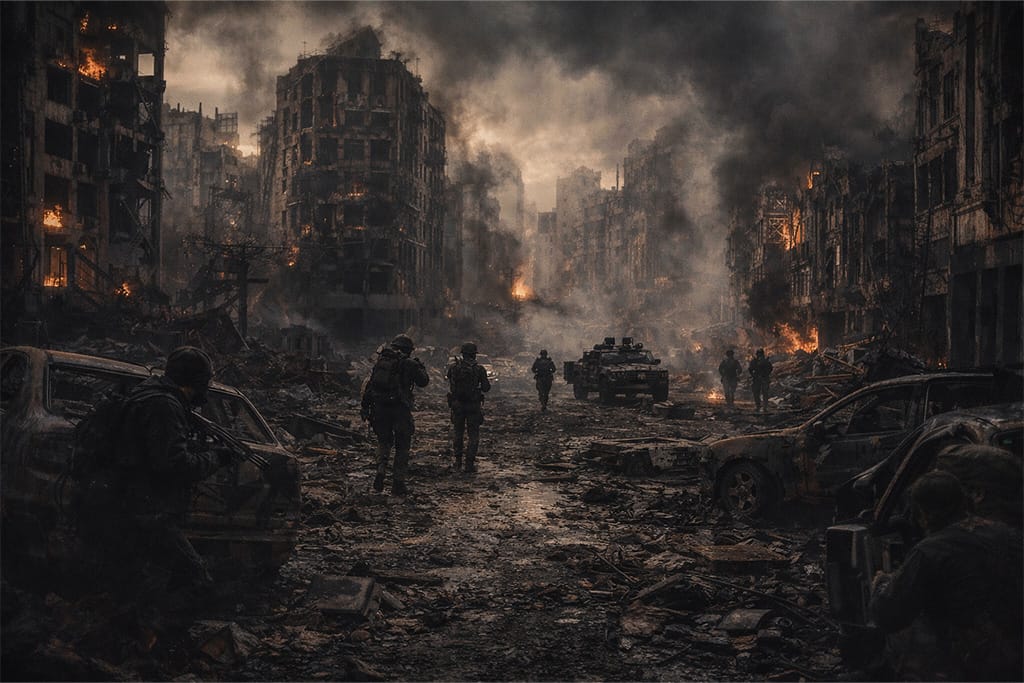 Resident Evil timeline RE6 pandemija prikazuje posledice globalnog kolapsa kroz uništen grad, napuštenu infrastrukturu i preživele u borbi za opstanak, Resident Evil timeline RE6 pandemija postapokaliptični svet