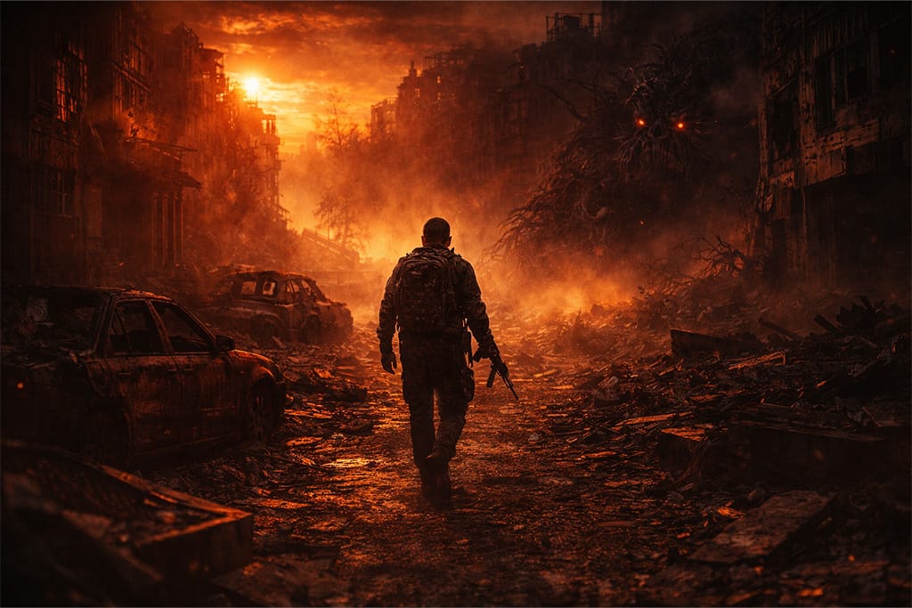 Resident Evil timeline RE6 pandemija prikazuje tišinu nakon katastrofe dok usamljeni preživeli prolazi kroz ruševine i nagoveštaj nove pretnje u senci, Resident Evil timeline RE6 pandemija prelaz ka Neo-Umbrella